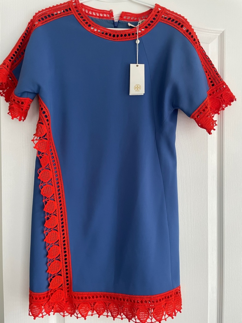 Tory Burch Marrisa Shift Mini is Blue Dress with Bright Red Lace Trim